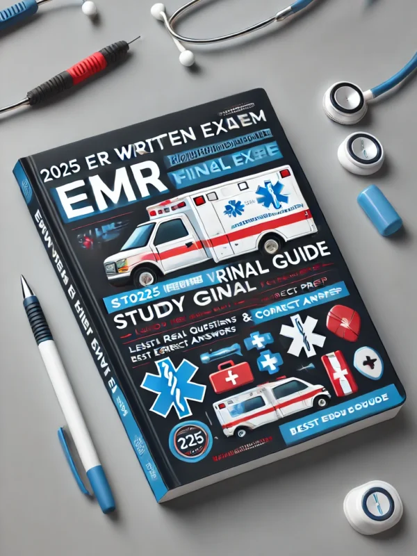 2025 EMR Written Final Exam Study Guide | Latest Version with Real Questions & Correct Answers | Best Emergency Medical Responder Prep Get ready to pass the 2025 Emergency Medical Responder (EMR) Written Final Exam with confidence using this all-in-one study guide. Designed to provide the most up-to-date exam preparation, this guide features real questions from past exams along with correct answers and detailed explanations to help you master every key concept. Key Features: Updated for 2025: Stay current with the latest exam content and standards. Real Past Exam Questions: Familiarize yourself with the actual types of questions that appear on the EMR final exam. Correct Answers & Detailed Explanations: Learn with correct answers and in-depth explanations to ensure you fully understand each topic. Comprehensive Coverage: Covers all critical EMR exam areas, including emergency medical care, patient assessment, trauma response, and more. Test-Taking Strategies: Maximize your score with proven strategies designed to help you approach the exam with confidence. Whether you're preparing for your first attempt or refreshing your knowledge, this study guide provides everything you need to ace the 2025 EMR Written Final Exam and earn your certification. EMR Written Final Exam