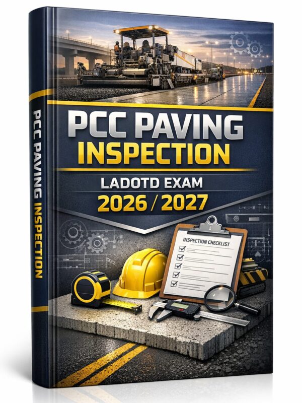 A premium 3D bo (5) PCC Paving Inspection LADOTD Exam 2026/2027 Professional Study Manual Featuring Practice Quizzes, Exam Review Questions, Inspection Standards, and Preparation Strategies