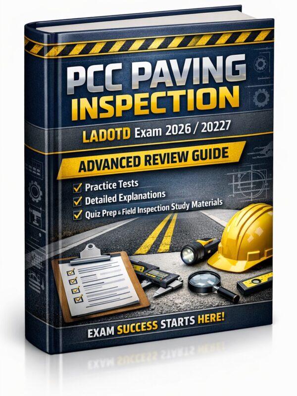 A premium 3D bo (6) PCC Paving Inspection LADOTD Exam 2026/2027 Advanced Review Guide with Practice Tests, Detailed Explanations, Quiz Prep, and Field Inspection Study Materials