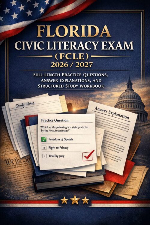 A premium book- (8) Florida Civic Literacy Exam (FCLE) 2026/2027 Full-Length Practice Questions | Answer Explanations & Study Workbook