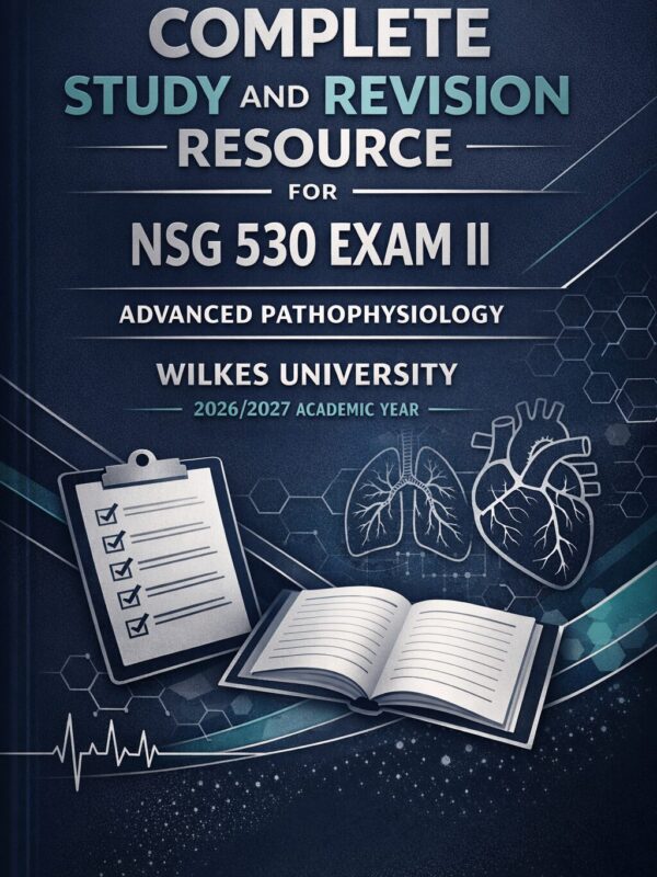 A premium verti (6) Prepare confidently for NSG 530 Exam II: Advanced Pathophysiology with this Complete Study and Revision Resource for Wilkes University 2026/2027 Academic Year. Designed for graduate nursing students who want a focused and practical review tool, this guide helps you strengthen understanding, organize your study plan, and improve exam readiness. This study resource includes: Comprehensive revision content for structured exam preparation Practice-focused study support to reinforce key concepts Advanced pathophysiology review for targeted learning Exam readiness guidance to help build confidence and retention Whether you are starting your preparation early or completing a final review, this guide gives you a clear and efficient path to success. It is ideal for self-study, course review, and nursing students who want a dependable companion for exam preparation. Why this resource stands out: Clear and organized format Focused on advanced pathophysiology success Helps improve confidence and retention Built for efficient and effective study sessions A smart choice for students preparing for NSG 530 Exam II at Wilkes University.