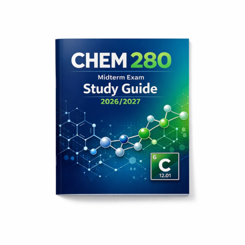 “A high-quality, realistic study environment featuring the ‘CHEM 280 Midterm Exam Study Guide 2026/2027’ open to a section on ‘Stoichiometry’ or ‘Chemical Reactions’. A university student is intently focused, perhaps solving a problem in a notebook or reviewing a complex chemical equation on a tablet. On the desk, there are elements of a chemistry lab such as a small beaker, a molecular model kit, and a scientific calculator. The background is a softly blurred, well-lit university chemistry lab or a modern study lounge with a whiteboard displaying chemical formulas, conveying focused, hands-on, and intellectual engagement with chemistry, with cinematic depth of field.”