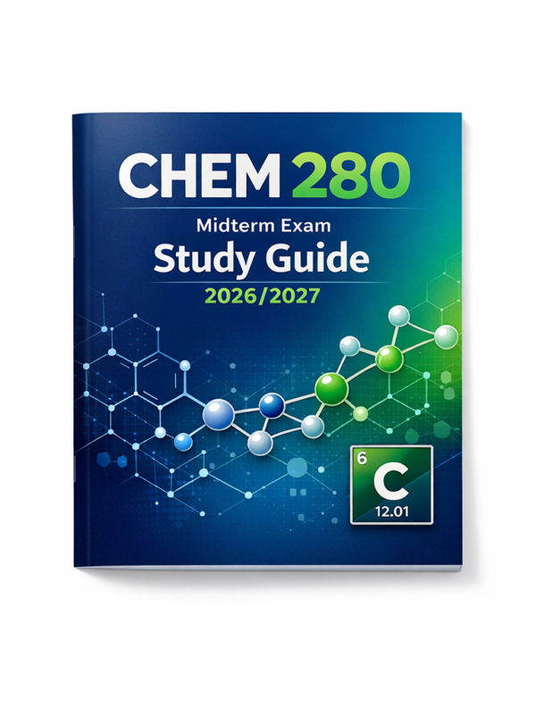 “A high-quality, realistic study environment featuring the ‘CHEM 280 Midterm Exam Study Guide 2026/2027’ open to a section on ‘Stoichiometry’ or ‘Chemical Reactions’. A university student is intently focused, perhaps solving a problem in a notebook or reviewing a complex chemical equation on a tablet. On the desk, there are elements of a chemistry lab such as a small beaker, a molecular model kit, and a scientific calculator. The background is a softly blurred, well-lit university chemistry lab or a modern study lounge with a whiteboard displaying chemical formulas, conveying focused, hands-on, and intellectual engagement with chemistry, with cinematic depth of field.”
