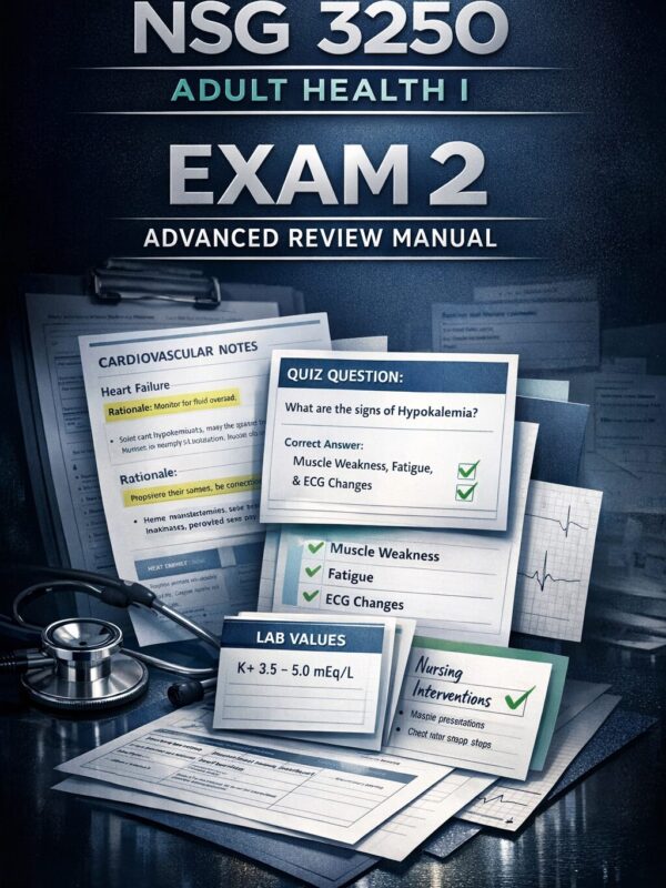 A sleek and pre (1) NSG 3250 Adult Health I Exam 2 Advanced Review Manual | Quizzes & Rationales