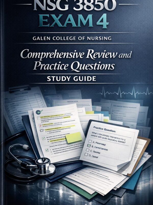 A sleek and pre (4) NSG 3850 Exam 4 Galen College of Nursing Comprehensive Review 2026/2027 | Practice Questions Study Guide