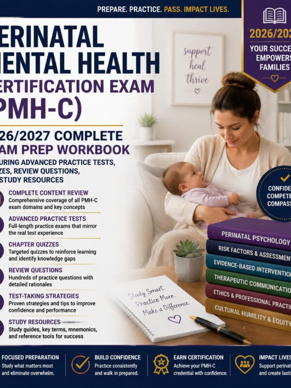 ChatGPT Image Jun 30, 2026, 02_52_27 PM Perinatal Mental Health Certification Exam (PMH-C) 2026/2027 Complete Exam Prep Workbook with Practice Tests, Quizzes, Review Questions & Study Resources