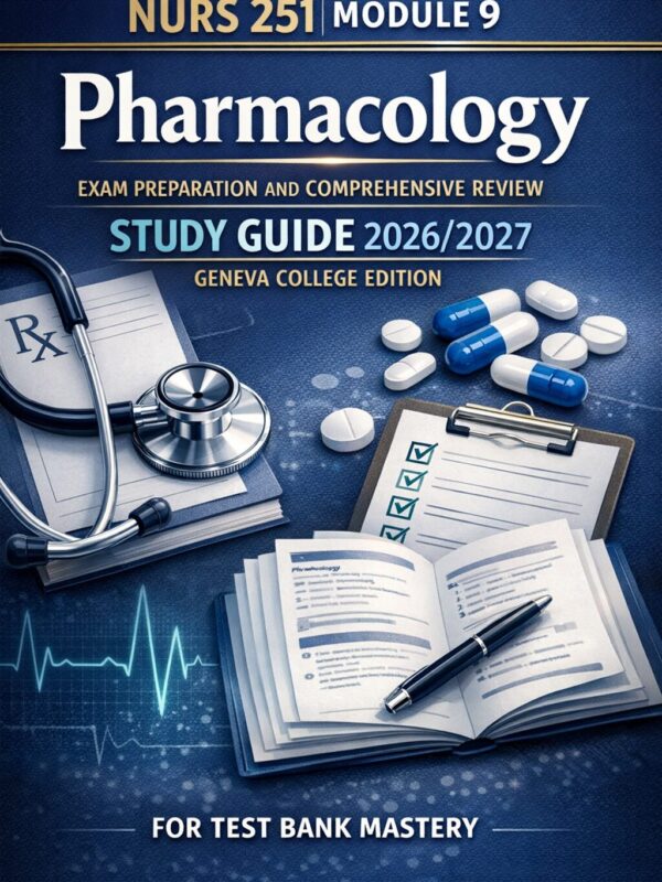 Create a polish (8) NURS 251 Module 9 Pharmacology Exam Preparation and Comprehensive Review Study Guide 2026/2027 Geneva College Edition for Test Bank Mastery