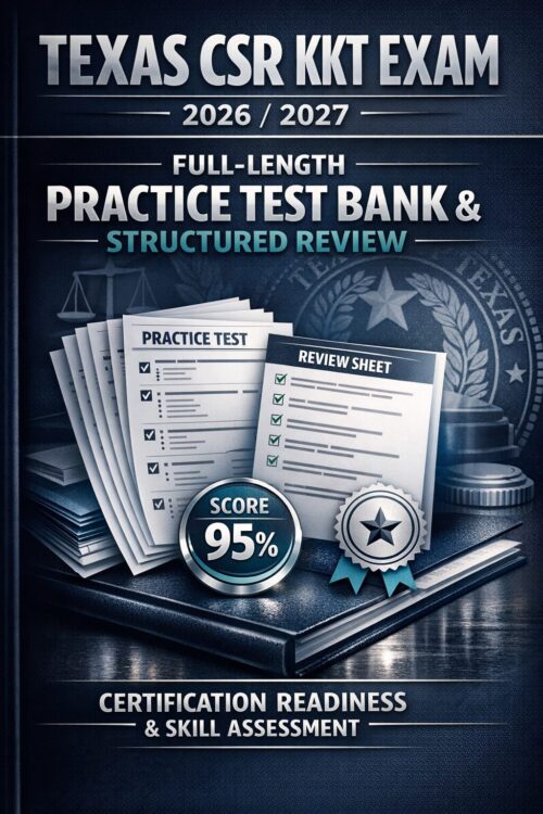 Premium book-co (7) Texas CSR KKT Exam 2026/2027 Full-Length Practice Test Bank | Structured Review for Certification Readiness