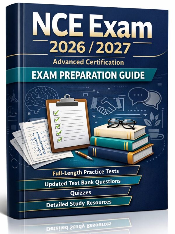 A polished 3D b (8) NCE Exam 2026/2027 Advanced Certification Exam Preparation Guide with Practice Tests