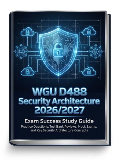 A sleek 3D pape WGU D488 Security Architecture Study Guide 2026/2027 with Mock Exams & Practice Questions