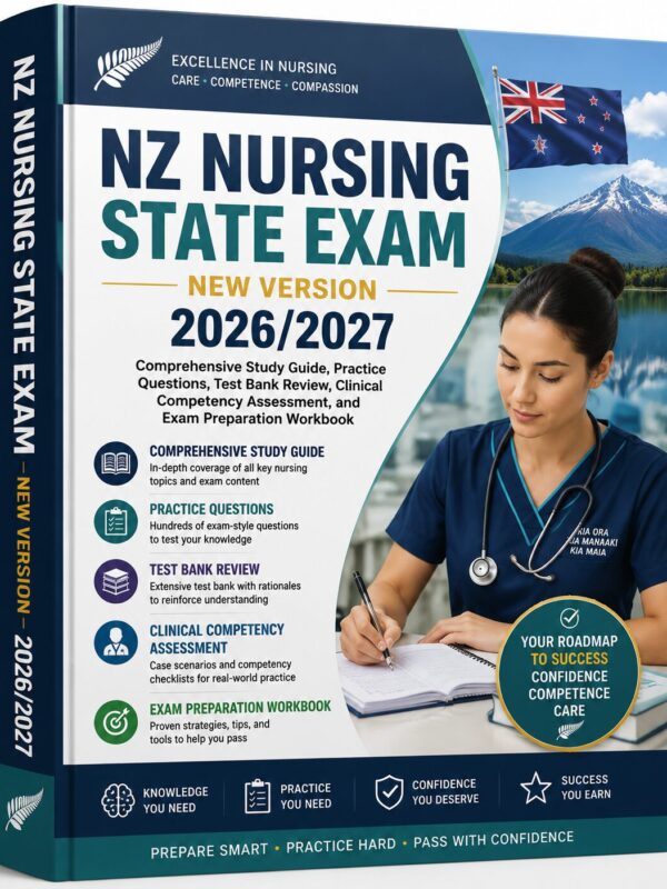 ChatGPT Image Jul 1, 2026, 08_20_00 AM NZ Nursing State Exam New Version 2026/2027 Comprehensive Study Guide with Practice Questions, Test Bank Review, Clinical Competency Assessment & Exam Preparation Workbook