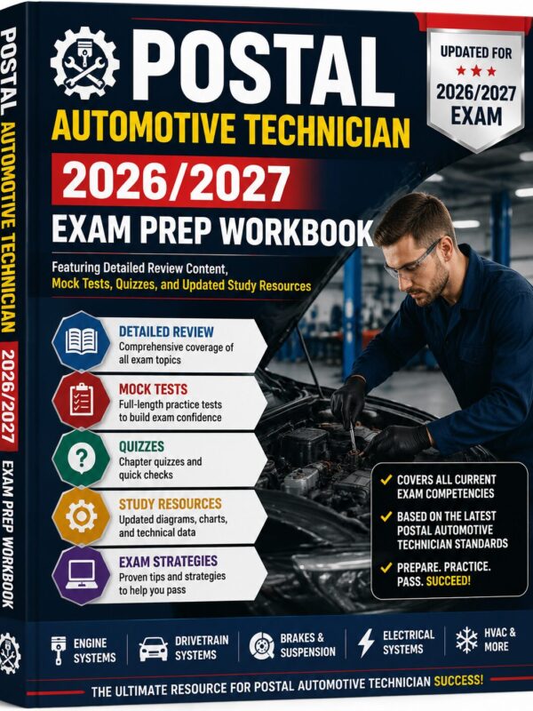 ChatGPT Image Jul 1, 2026, 08_24_45 AM Postal Automotive Technician 2026/2027 Exam Prep Workbook with Detailed Review Content, Mock Tests, Quizzes & Updated Study Resources