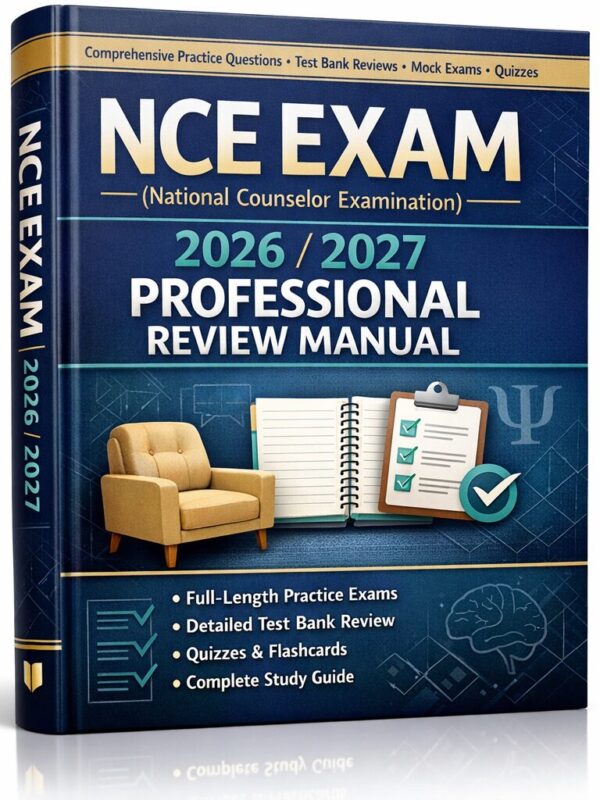 Create a polish NCE Exam 2026/2027 Professional Review Manual with Practice Questions & Mock Exams